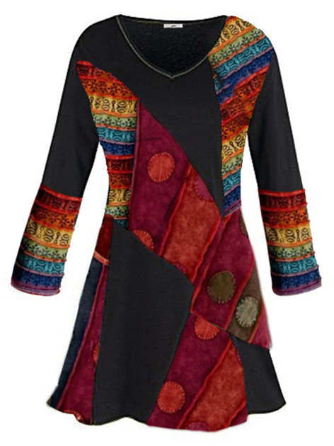 flowersverse Boho Abstract Spring Polyester A-line Daily Statement Long sleeve Loose Dress for Women