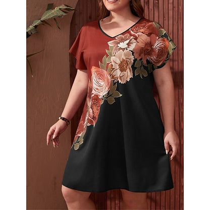 flowersverse Women's Plus Size Casual Dress A Line Dress Floral Midi Dress Short Sleeve Print V Neck Fashion Outdoor Black Spring Summer L XL XXL 3XL 4XL