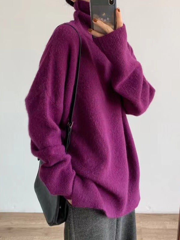 flowersverse Solid Color Split-Side Long Sleeves Loose High-Neck Sweater Tops Pullovers Knitwear