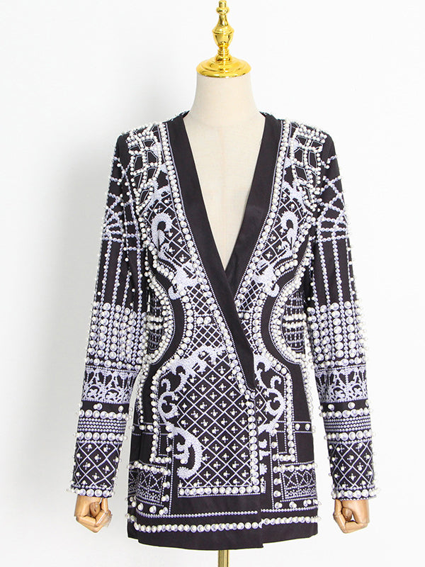 flowersverse Original Creation Loose Long Sleeves Beads Printed V-Neck Blazer Outerwear