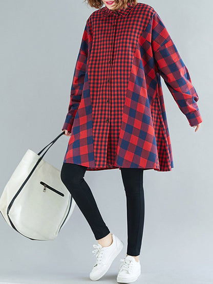 flowersverse Fashion Plaid Lapel Long Sleeve Blouse Top