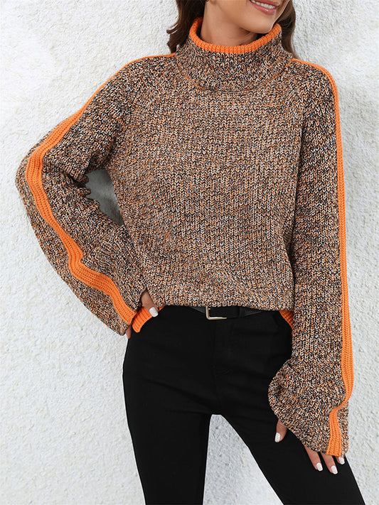 flowersverse Casual Long Sleeves Loose Contrast Color Half Turtleneck Sweater Tops