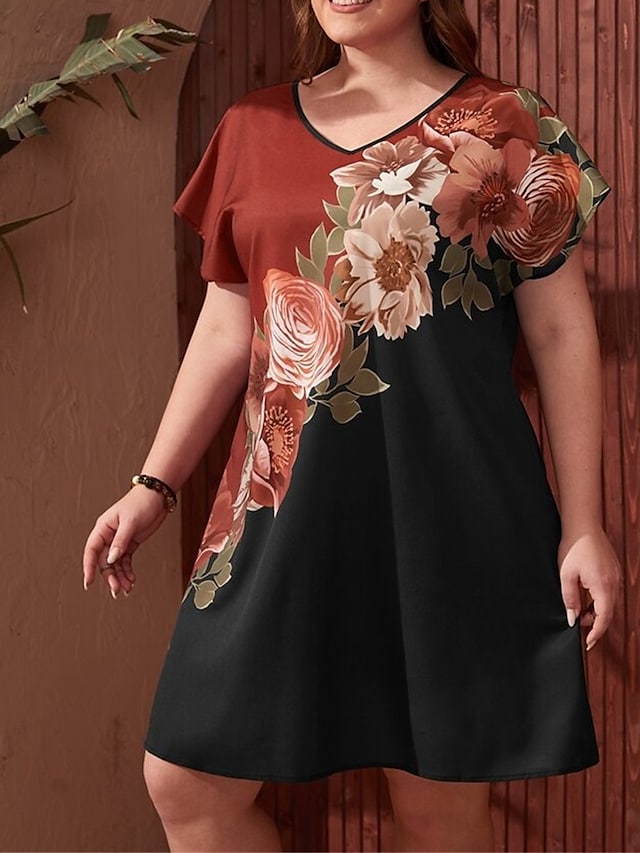 flowersverse Women's Plus Size Casual Dress A Line Dress Floral Midi Dress Short Sleeve Print V Neck Fashion Outdoor Black Spring Summer L XL XXL 3XL 4XL