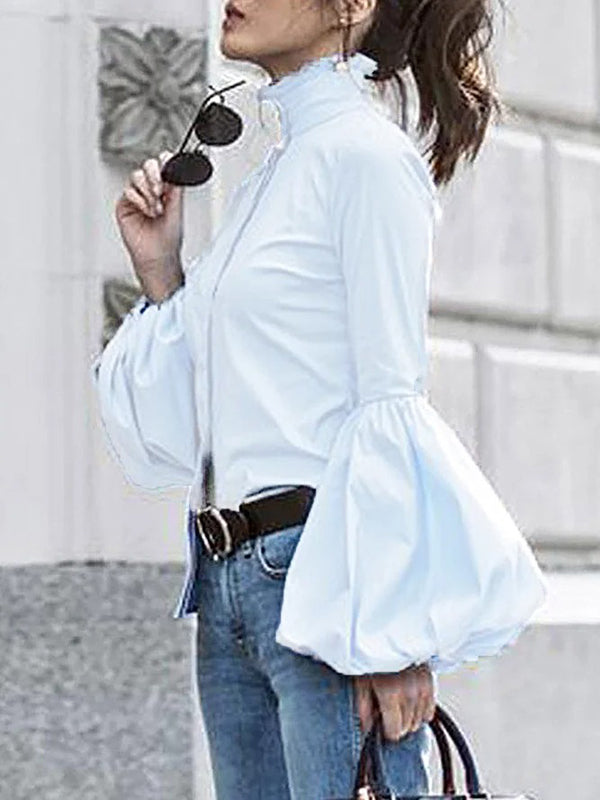 flowersverse Urban Solid Color Stand Collar Puff Sleeves Blouse