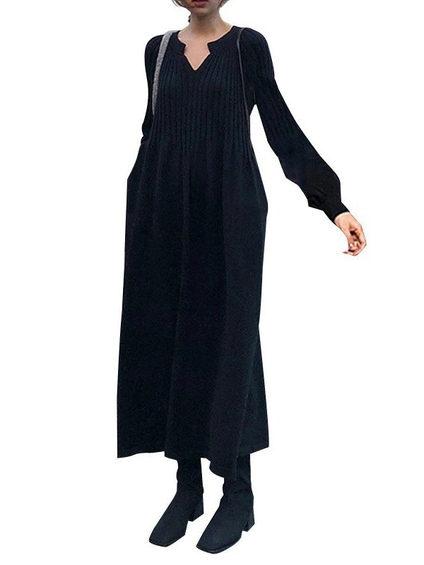 flowersverse Causal Loose Solid Color Pleated V-Neck Long Puff Sleeves Sweater Dress