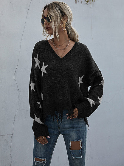 flowersverse Casual Loose Patchwork V-Neck Sweater Top