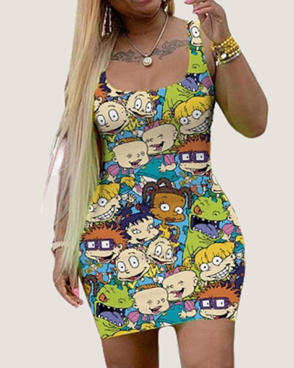 flowersverse Cartoon Print Square Neck Bodycon Dress