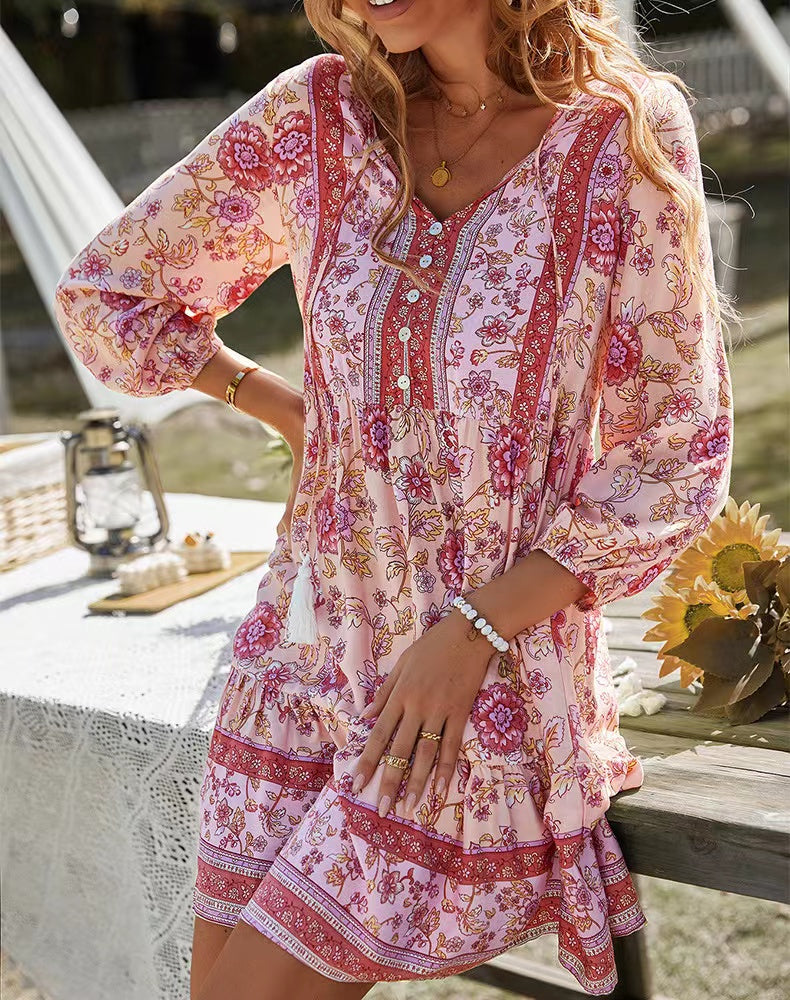 flowersverse V-neck Printed Casual Bohemian Short Dress