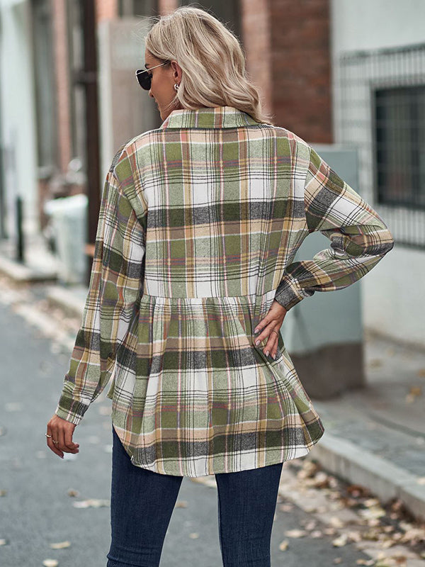 flowersverse Vintage Loose Checkered Lapel Blouses&Shirts Tops