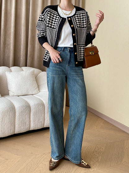 flowersverse Long Sleeves Loose Contrast Color Houndstooth Split-Joint Round-Neck Cardigan Tops