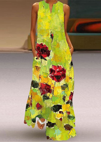 flowersverse Beautiful Green Print Pockets Chiffon Beach Dress Sleeveless LY1924
