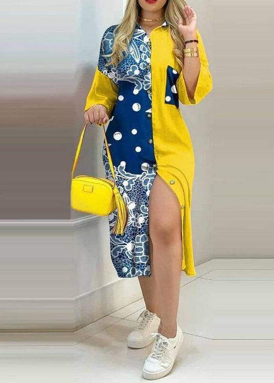 flowersverse Boho Yellow Print Button Chiffon Shirts Dresses Spring LY1930