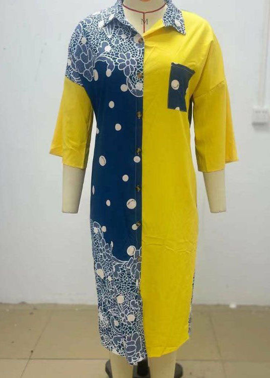 flowersverse Boho Yellow Print Button Chiffon Shirts Dresses Spring LY1930