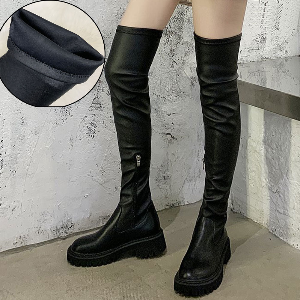 flowersverse Brand Design Skidproof Sole Cosy Chunky Heels Fashion Stylish Leisure Cool Add Fur Winter Over The Knee High Boots Shoes Women