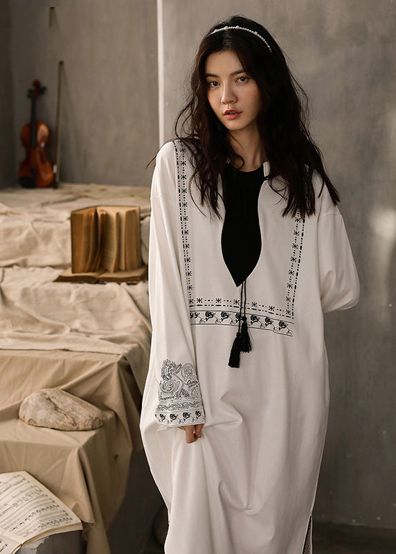 flowersverse Casual White O-Neck Print Side Open Cotton Long Dress Spring LY1888