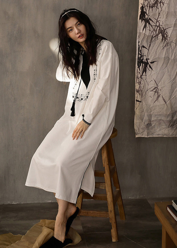 flowersverse Casual White O-Neck Print Side Open Cotton Long Dress Spring LY1888