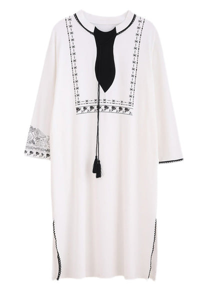 flowersverse Casual White O-Neck Print Side Open Cotton Long Dress Spring LY1888