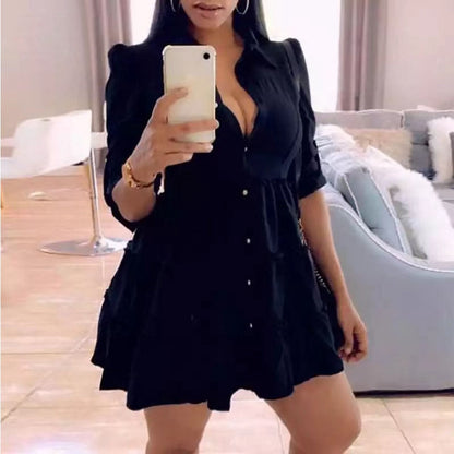 flowersverse Solid Ruffles Shirt Dress Women Streetwear Half Sleeve Buttons Up High Waist Mini Dress Summer Casual Party Dresses