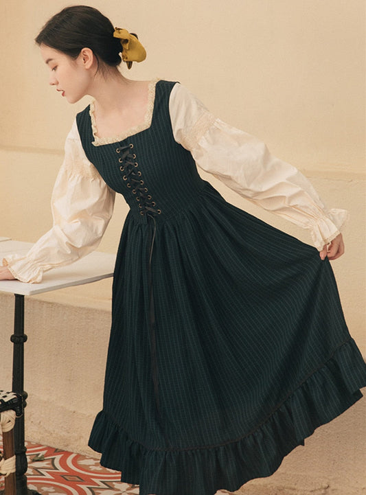 flowersverse Back to school 2 Colors Mori Girl Woman Plaid Dress Vintage Cottage Style Bandage Flare Sleeve Prairie Dresses French Royal Court Vestido Festa