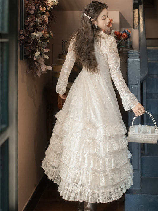 flowersverse Back to school outfit Sweet Lace Fairy Dress Women Retro Bow V-Neck Princess Dresses For Slim Lady Lolita Ball Gown Vintage Mori Girl Vestidos Largos