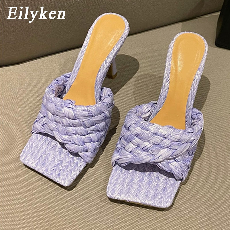 flowersverse  New Summer Design Weave Square Toe Heels High Quality Slippers Gladiator Beach Womens Sandal Slides Shoes