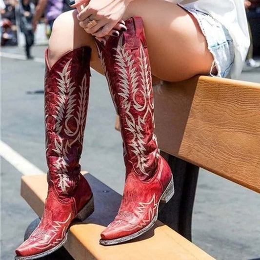 flowersverse Knee-High Fashion Women Shoes Square Heel Big Size 43 Great Quality Concise Comfy Western Boots