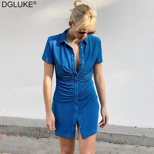 flowersverse Short Sleeve Ruched Bodycon Dresses For Women   Summer   Mini Dress Blue Green Turn-Down Collar Button Up Shirt Dress