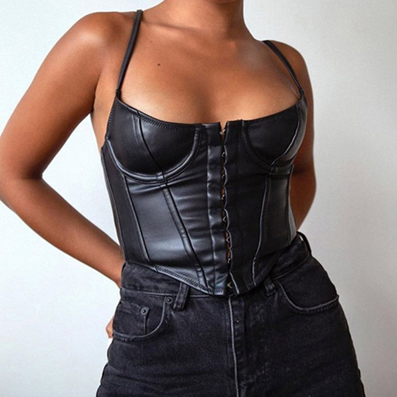 flowersverse  Black PU Leather Bustier Corset Top Women Spaghetti Strap Backless Faux Leather Crop Top Fashion Streetwear Tops For Summer