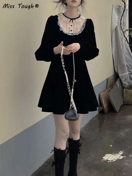 flowersverse Autumn Retro Hepburn Black Gothic Dress Woemen Lace Patchwork Y2K Kawaii Party Mini Dress Female High Street Korean Dress