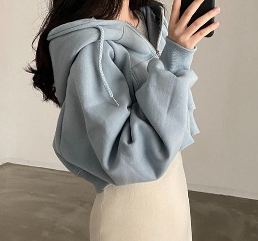 flowersverse Autumn New Long Sleeve Hooded Hoodies Women Solid Color Kroean Style Vintage Sweatshirt Zip Up Casual Tops Ropa Mujer