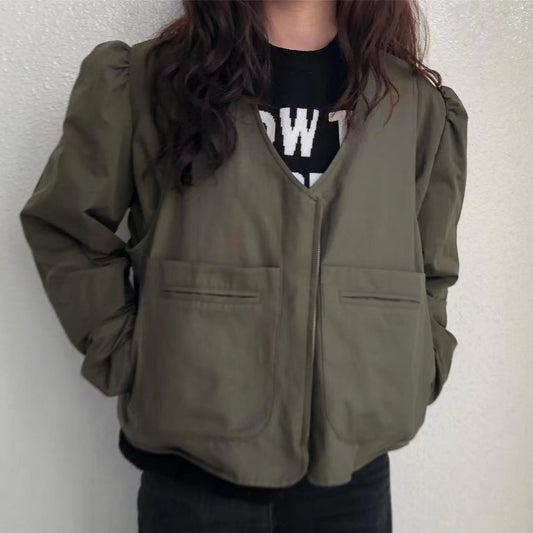 flowersverse Autumn Fashion Jackets High Quality Women Vintage Prints Front Zip Long Sleeve Casual Loose Tops Coat Ladies Green Jacket