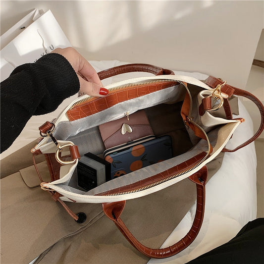 flowersverse Back to school Patchwork Canvas Large Tote Handbags For Women Trend Fashion Work Briefcase Retro Ladies Shoulder Crossbody Bags