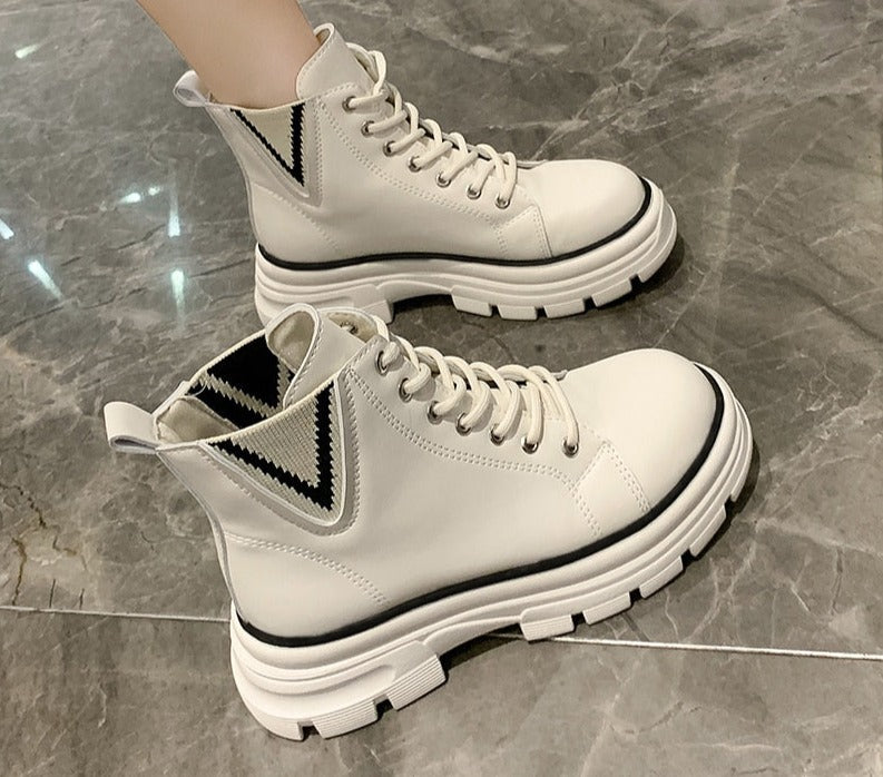 flowersverse Autumn Boots New Style Women Casual Shoes Platform Sneakers PU Leather Shoes Woman High Top White Shoes Tenis Feminino