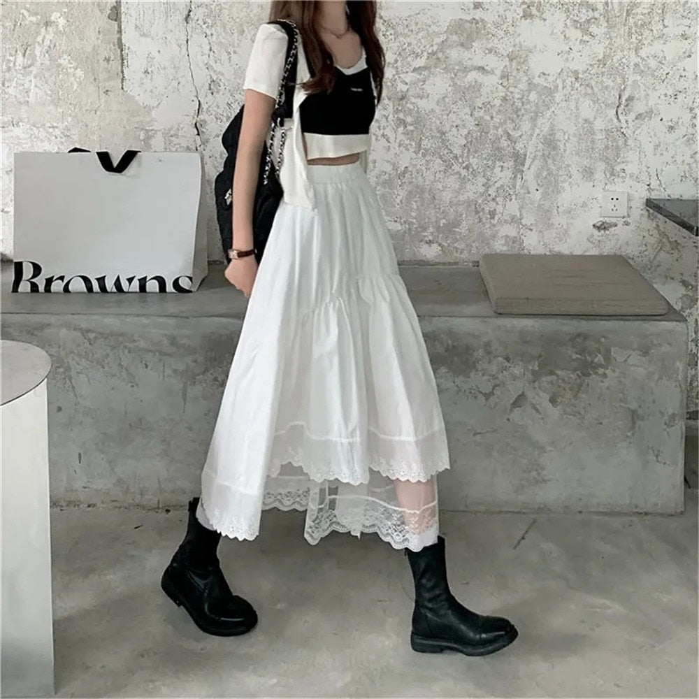 flowersverse Black Gothic Lace Stitching Irregular Pleated Skirt Women White Vintage High Waist Long Skirt Korean Solid Hip Hop Streetwear