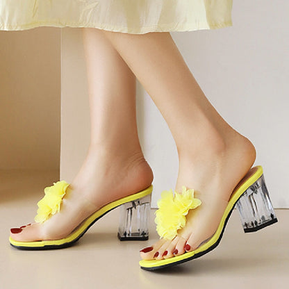 flowersverse Clear Heels Women's Slippers Sweet Bowtied Summer Shoes PVC Transparent Sandals Women Casual Yellow White Party Shoes Large Size