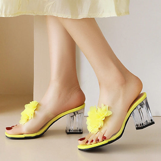 flowersverse Clear Heels Women's Slippers Sweet Bowtied Summer Shoes PVC Transparent Sandals Women Casual Yellow White Party Shoes Large Size