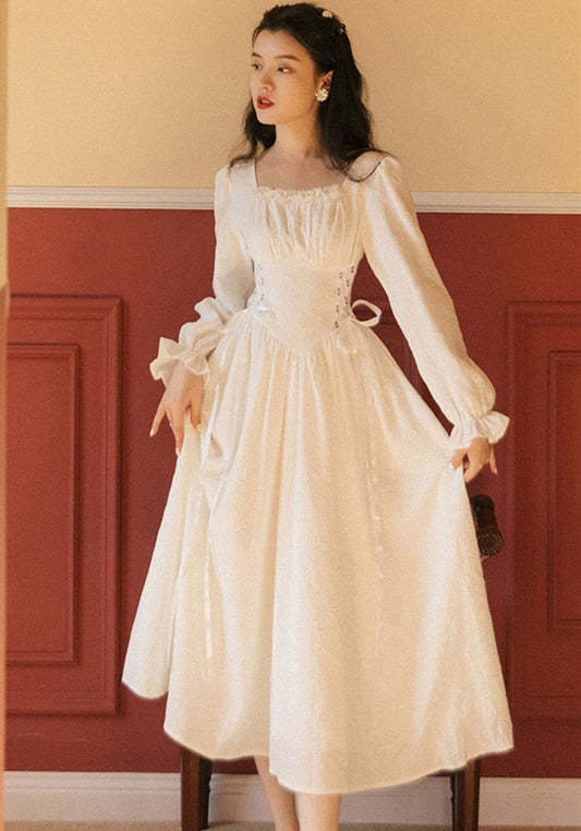 flowersverse Back to school outfit Black & White Jacquard Vintage Lady Dress Retro Royal Style Square Collar Petal Sleeve Bandage Princess Dresses For Party Night