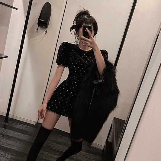 flowersverse Black Corduroy Dress Women  Summer New O Neck Short Sleeve Slim Waist Chic Mini Dresses Casual Vintage Vestidos Mujer