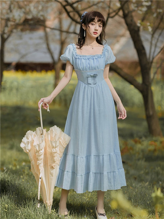 flowersverse Blue Gentle Romantic Fairy Dress Women Ruffled Square Collar Elegant High Waist Beaded Bow Sweet Cute Long Dress Summer  New