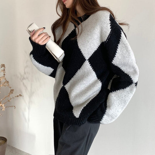 flowersverse Argyle Sweater Patchwork Pullovers  Spring Women Clothing Vintage Knitted Fashion O-Neck Black Casual Long Sleeve
