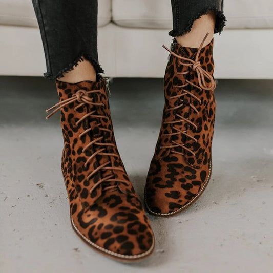 Back to College New Women Shoes Spring Autumn Fashion Low Tube Boots Leopard Print Bandage Plus Size Shoes Ladies Shoes Coarse Heels