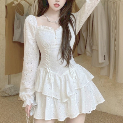 flowersverse Autumn White Fairy Kawaii Dress Women V-neck Slim Elegant Party Mini Dress Female Korean Fashion Designer Y2k Dress