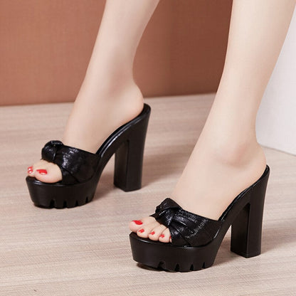 flowersverse Plus Size 32-43 Platform Slides Summer Wedding Shoes Open Head Bow High Heels Slippers Ladies Party Office Slipper Shoes