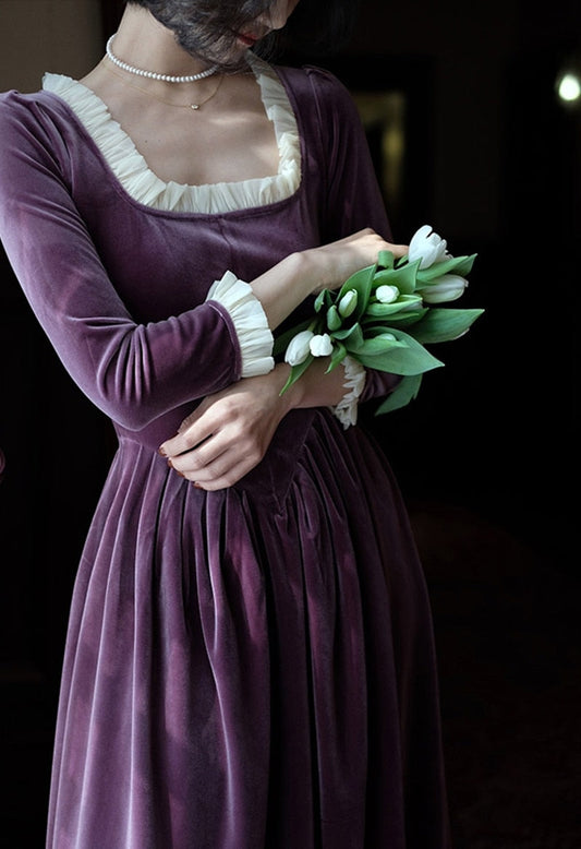 flowersverse Back to school outfit Chic Vintage Woman Velvet Dress Retro Square Collar Ruffles Solid Purple & Claret Elegant Lady Romantic Dresses Vestido Festa