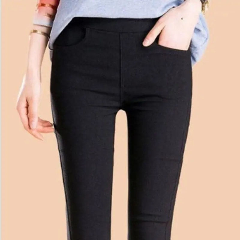 flowersverse Autumn Spring New Black leggings Casual Elastic High Waist stretch feet pants women's Metal Buttons was thin Pencil Pants