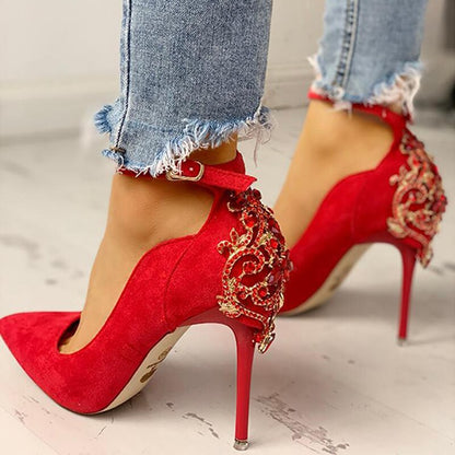 flowersverse Back to College Fashion 10CM High Heels Pumps Women Luxury Design Pumps Pointed Toe Heels Metal Crystal Shoes