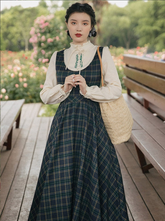 flowersverse Back to school outfit Autumn Cottage Style Plaid Dress Vintage Mori Girl Embroidery Large Size Retro Woman Dresses Preppy Vestido Festa Robe Femme