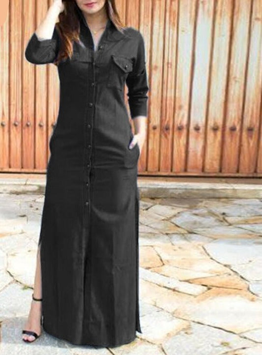 flowersverse Vintage Denmin Dresses Spring Sundress Split Holiday Party Maxi Dresses Women Lapel Button Long Dress  Casual Solid Robe