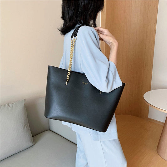 flowersverse Black Pu Leather Shoulder Bags for Women Handbag Chain Design Large Capacity Tote Bag Luxury Shopper Hand Bag Female Totes New