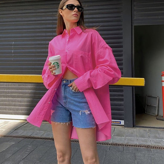 flowersverse Autumn Loose Pink Office Women Shirt  Elegant Long Sleeve Fashion Blouses Cotton Streetwear Solid Shirts Top Female